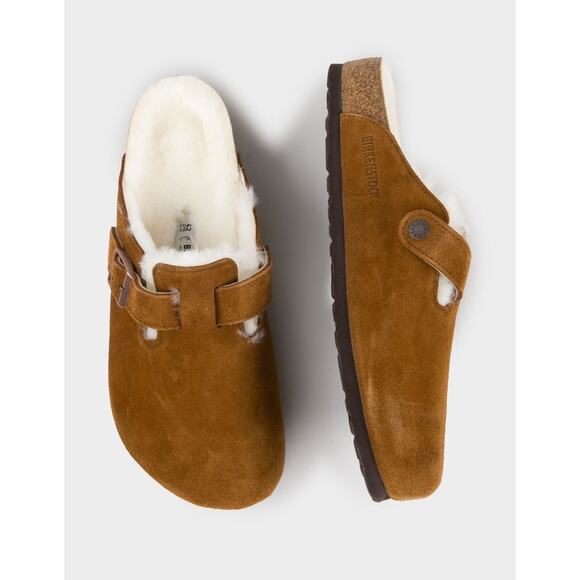 Birkenstock Boston Shearling Camel Suede Fuzzy Cozy Slip On Clogs Womens 7 - Picture 2 of 16
